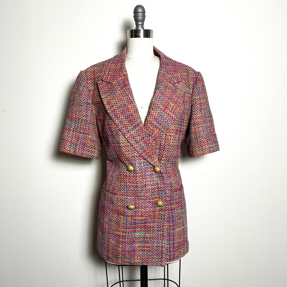 Doncaster Multicolor 100% Silk Tweed Double Breasted Blazer Jacket Women Size 8